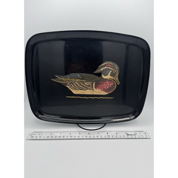 Couroc Wood Duck Large Decorative Tray 12.5" Mid Century Inlaid Brass Resin VTG - Picture 7 of 8